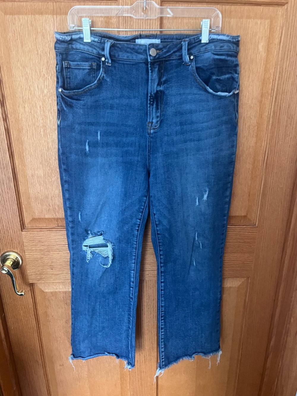 Risen distressed, wide cropped leg, high rise jeans